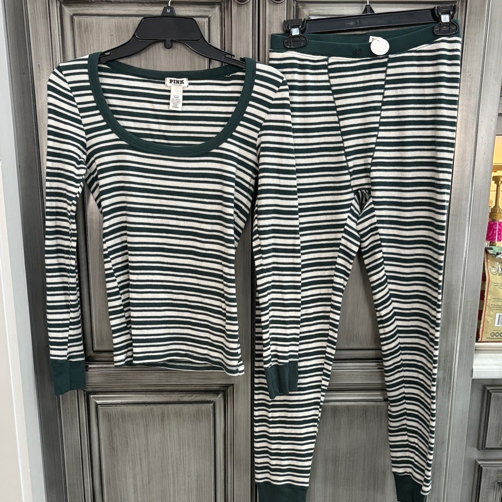 PINK Victoria's Secret Green and White Striped Thermal Pajamas